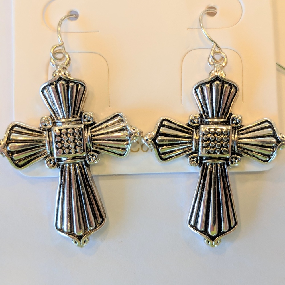 New Silver Tone Cross Dangle Earrings